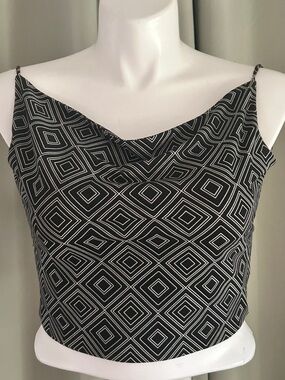 Express Black and White Geometric Cowl-Neck Cropped Top